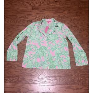 Lilly Pulitzer Women's Pink Sand Paradise Long Sleeve Pj Woven Pajama Top, Sz L
